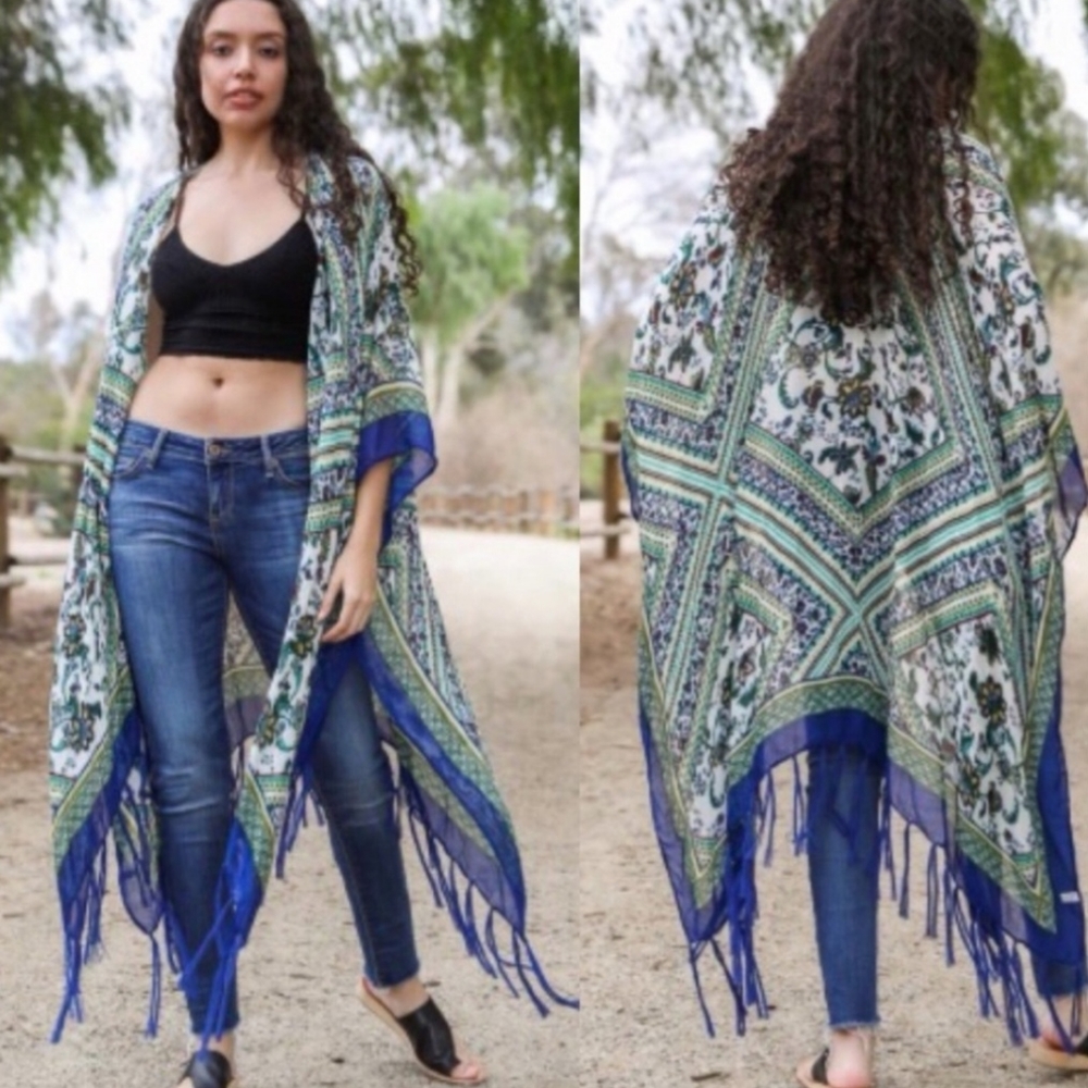 Bohemian Blue Kimono with Fringe. One Size. NWOT.